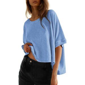 🆕 Women Blue Dolman Sleeve Tops Loose Oversized Crewneck Flowy T Shirts Basic